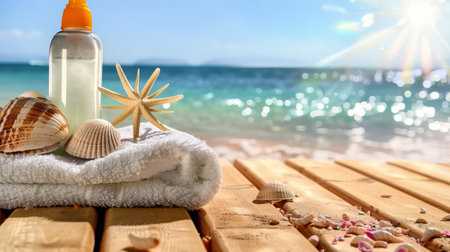 Suncream with towel on a wooden table.の素材