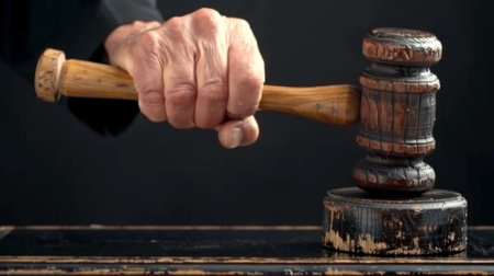 Hand striking on wooden base with judge's mallet on black table.の素材