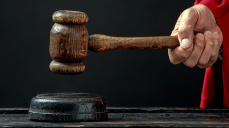 Hand striking on wooden base with judge's mallet on black table.の素材