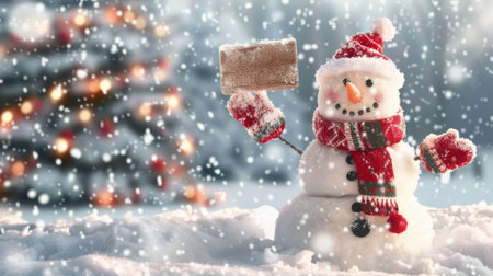Winter arrival concept with Snowman with a blank placard in his hand.の素材