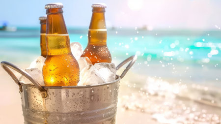 beer bottles in metal bucket full of ice cubes in the beach.の素材