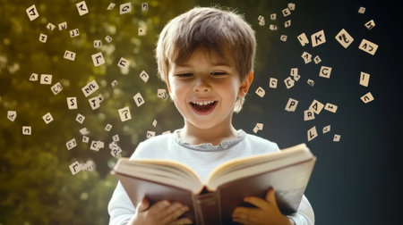 Smiling child reading a book with letters flying away from it.の素材