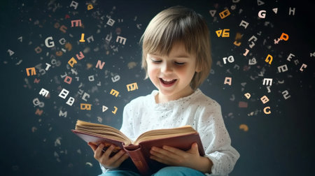 Smiling child reading a book with letters flying away from it.の素材