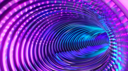 Graphic design art of abstract illusion of spiral with geometric shapes of pink and violet neon lines.の素材