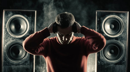 man covers his ears from the powerful sound from the speakers.の素材