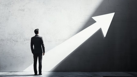 salesman standing in front of a big arrow pointing up with a shadow in grey empty space.の素材