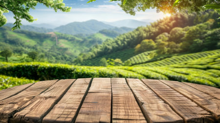 wooden table top with blurred tea plantation landscape against blue sky and blurred green leaf frame.の素材
