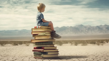 Child sitting on a stack of books in a desert.の素材
