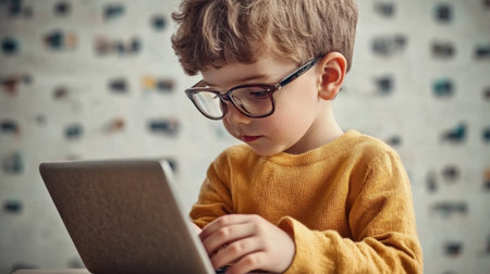 cute kid in glasses with laptop.の素材