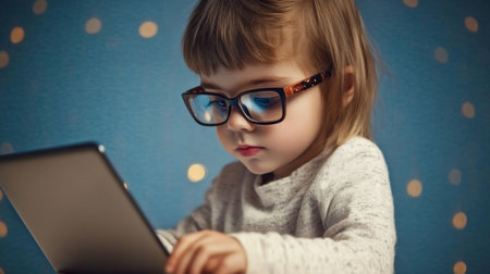 cute kid in glasses with laptop.の素材