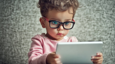 cute kid in glasses with laptop.の素材