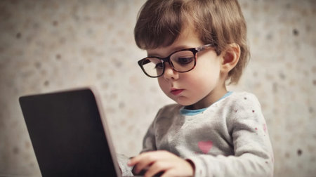 cute kid in glasses with laptop.の素材