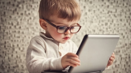 cute kid in glasses with laptop.の素材