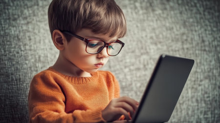 cute kid in glasses with laptop.の素材