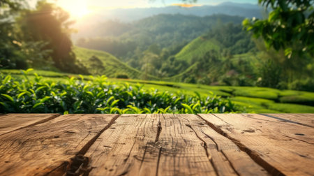 empty wooden table top with blur background of tea plantation.の素材