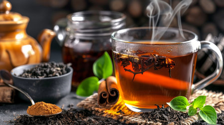 Sweet, hot tea with dry tea leaves.の素材