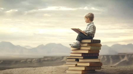 Child sitting on a stack of books in a desert.の素材