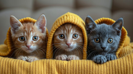 funny adorable kittens wearing hats.の素材