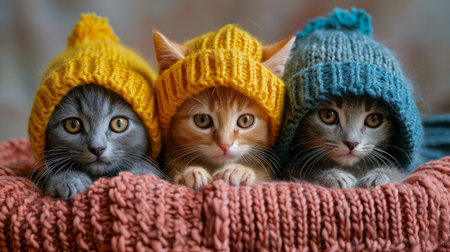 funny adorable kittens wearing hats.の素材