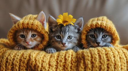 funny adorable kittens wearing hats.の素材