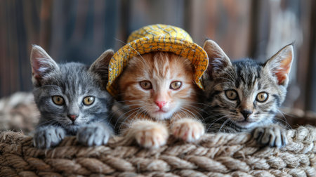 funny adorable kittens wearing hats.の素材