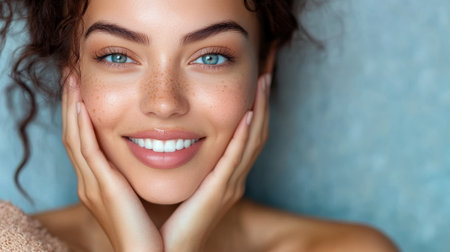 joyful smiling lady with ideal perfect skin.の素材