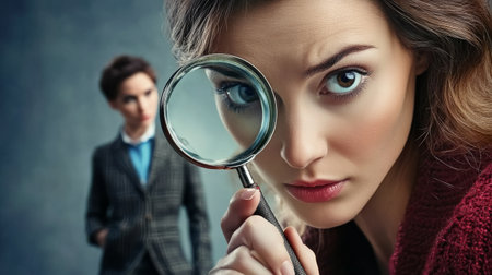 beautiful woman looking little man with magnifying glass.の素材