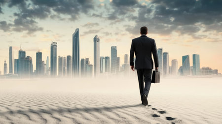 Businessman walking on the sand with cityscape on the background.の素材