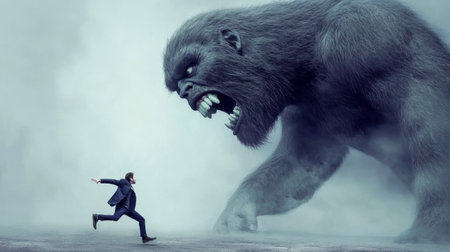 Big foot trying to crush small man who is afraid of that.の素材