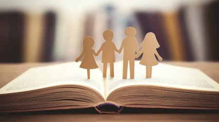 Cardboard figures of the family on opened book. The symbol of unity and happiness.の素材