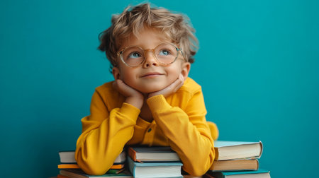 cute little boy on books pile .の素材