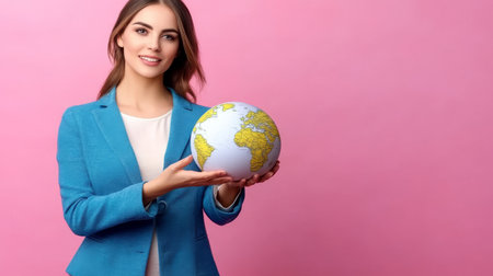 woman holding globe.の素材