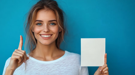 woman holding a blank board.の素材