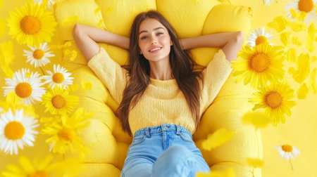portrait of a woman with sunflowers.の素材