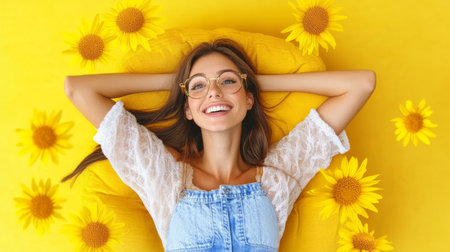 portrait of a woman with sunflowers.の素材