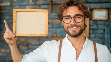 Handsome man in glasses pointing on wooden frame in his hand.の素材