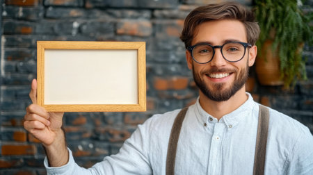 Handsome man in glasses pointing on wooden frame in his hand.の素材