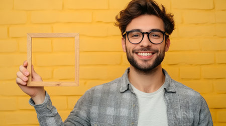 Handsome man in glasses pointing on wooden frame in his hand.の素材