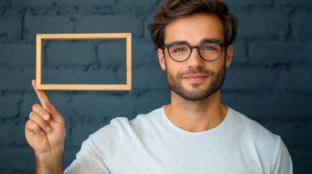 Handsome man in glasses pointing on wooden frame in his hand.の素材