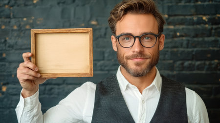 Handsome man in glasses pointing on wooden frame in his hand.の素材