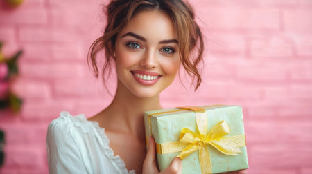 sweet shiny lady with present box on a pink background.の素材