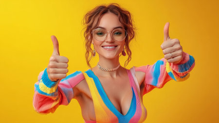 happy woman with double thumbs up on yellow background.の素材