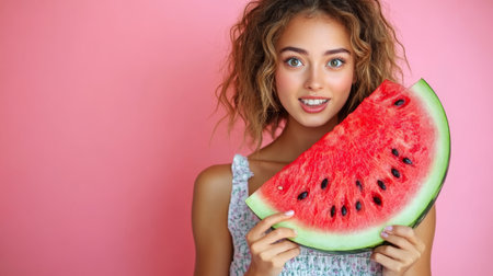 woman holding a big slice of watermelon.の素材