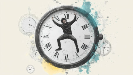 jumping man against big clock.の素材