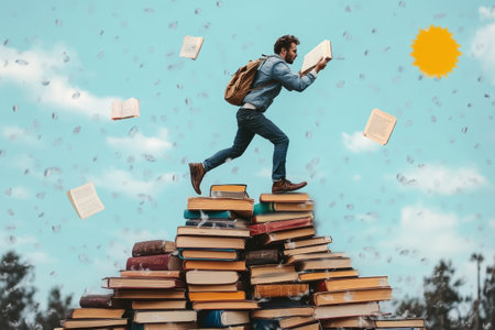 ambitious persistent worker man climbing stack book.の素材