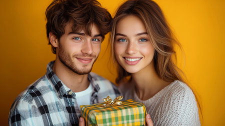 portrait of a young couple holding gift box.の素材