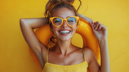 pretty cheerful girl in yellow bikini.の素材