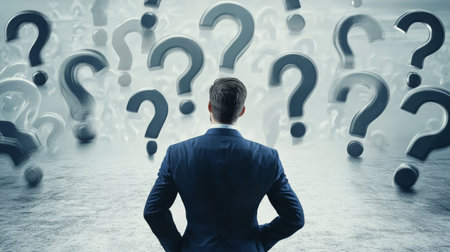 Businessman standing and looking to a bunch of question mark signs.の素材
