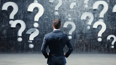 Businessman standing and looking to a bunch of question mark signs.の素材