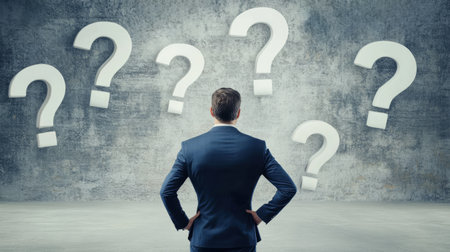 Businessman standing and looking to a bunch of question mark signs.の素材